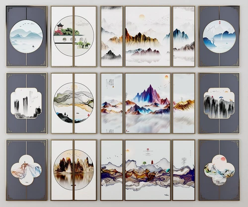 新中式水墨山水装饰画3d模型