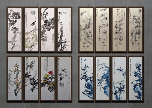 中式梅兰竹菊水墨装饰画3d模型