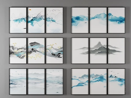 新中式水墨装饰画组合3d模型