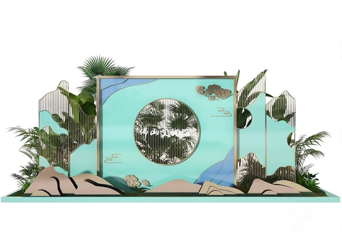 新中式绿植隔断屏风摄影美陈