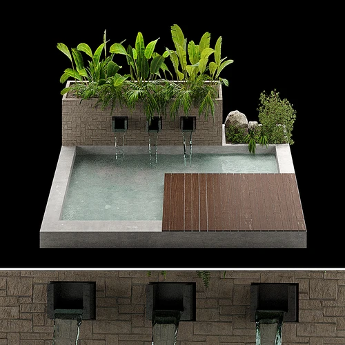 现代水池喷泉植物景观