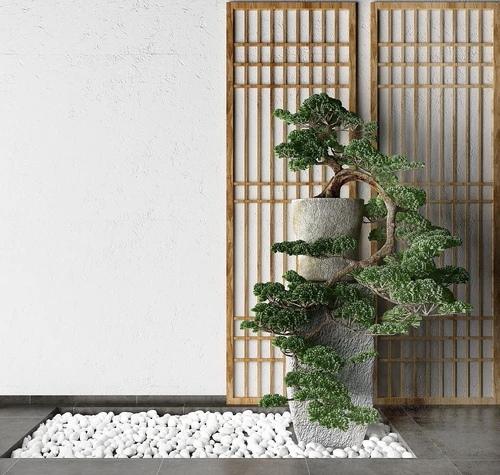 日韩碎石松树背景墙组合