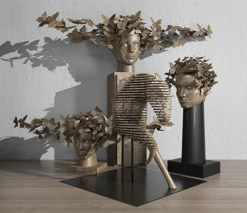 现代人脸蝴蝶雕塑3d模型