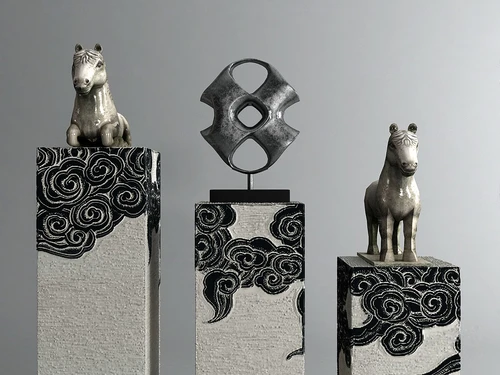 中式石柱动物马雕塑组合3d模型