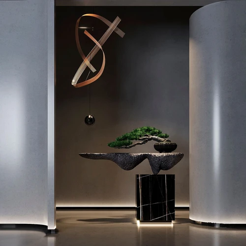新中式斑驳黑石雕塑松树盆景3d模型