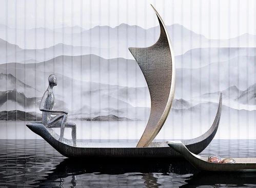 新中式人物划船雕塑3d模型