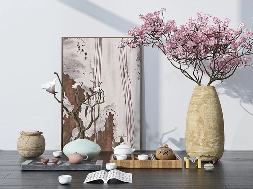 新中式花瓶装饰画茶具