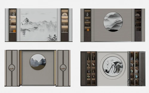 新中式背景墙组合3d模型