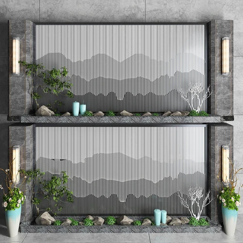 新中式山水背景墙3d模型