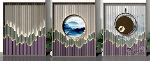 新中式山水背景墙组合3d模型
