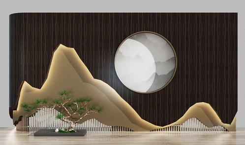 新中式山水景观背景墙3d模型
