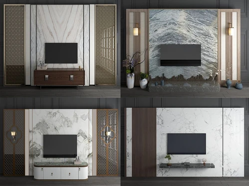 新中式大理石电视背景墙组合3d模型