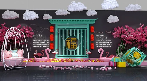 新中式火烈鸟网红背景墙3d模型