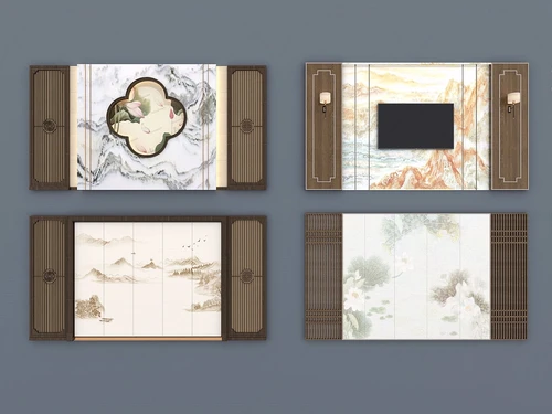 新中式电视背景墙3d模型