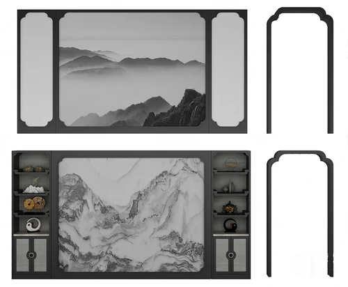 新中式山水背景墙3d模型