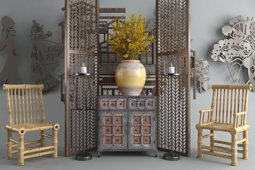 工业风端景柜边柜竹椅3d模型