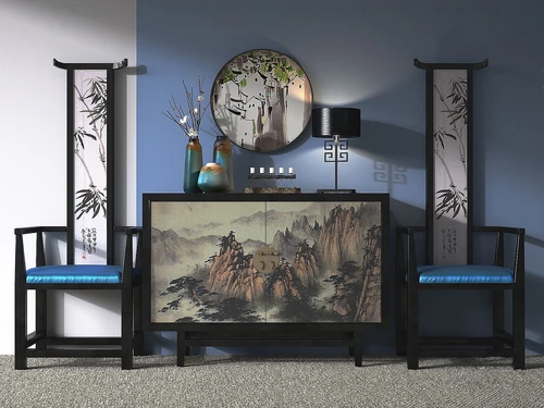新中式实木高背椅边柜3d模型